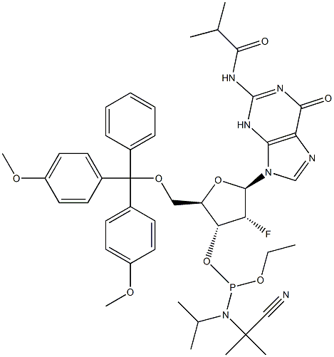5'-O-[Bis(4-methoxyphenyl)phenylmethyl]-2'-deoxy-2'-fluoro-N-(2-methyl-1-oxopropyl)guanosine 3'-[2-cyanoethyl N,N-bis( 1-methylethyl)phosphoramide]